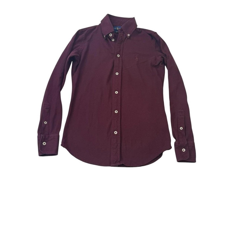 Ralph Lauren Knit Oxford Long-Sleeve Button-Down Shirt Maroon Womens Size XS